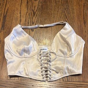 superdown Ivory Satin Lace-Up Corset Crop Top